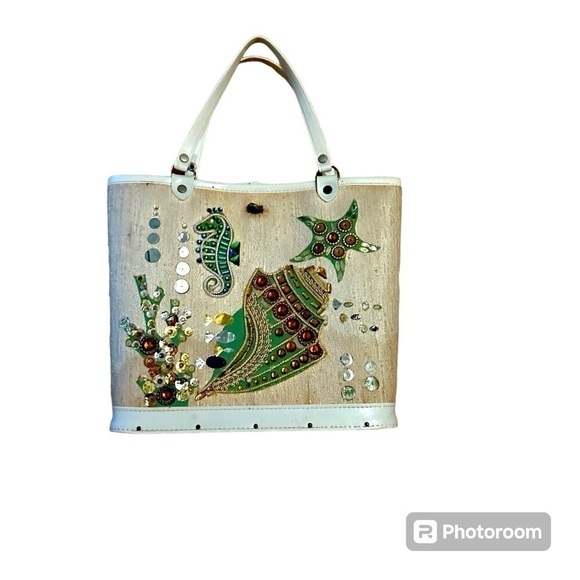 Enid Collins 1960's Seahorse Sea Shells Handbag Tapestry Bucket Jeweled Purse - Picture 3 of 4